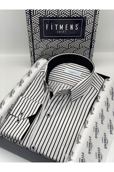 Fitmens Classic Long Sleeve Thick Striped Men's Shirt with Gift Box Fs- 001260   - White Black