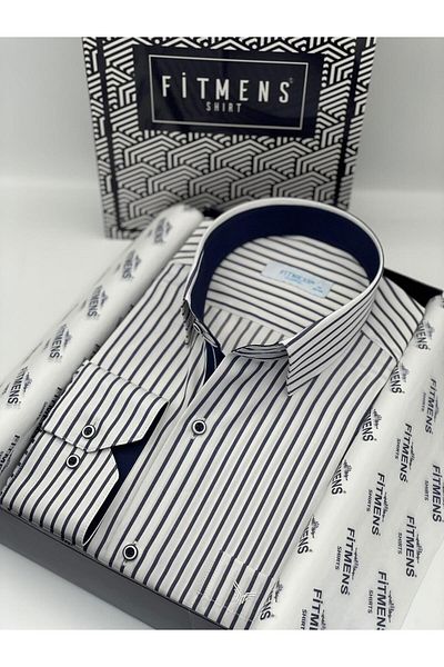Fitmens Classic Long Sleeve Thick Striped Men's Shirt with Gift Box Fs- 001260   - White Navy Blue