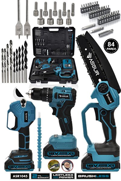 ASSUR 3'lü Süper Set Kömürsüz Şarjlı Budama Makası-el Testeresi-akülü Vidalama Matkap