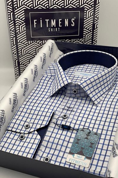 Fitmens Classic Long Sleeve Color Checkered Men's Shirt with Gift Box Fs- 002154   - White Navy Blue
