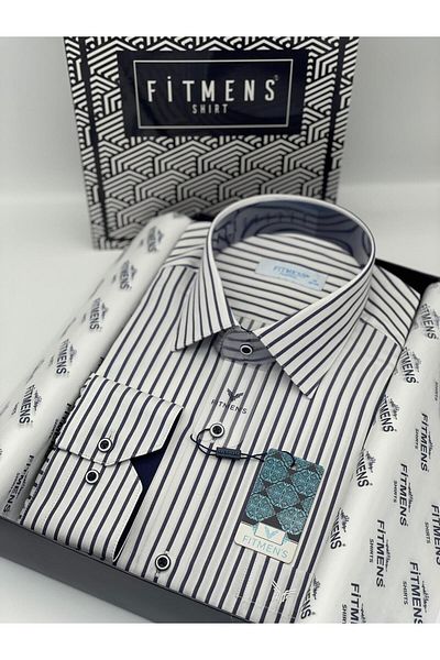 Fitmens Classic Long Sleeve Thick Striped Men's Shirt with Gift Box Fs- 001260   - White Navy Blue