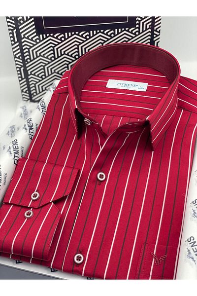 Fitmens Classic Long Sleeve Premium Striped Gift Boxed Men's Shirt Fs- 003272   - Burgundy