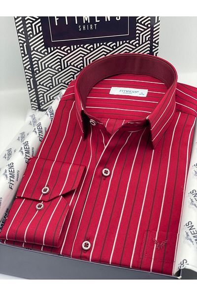 Fitmens Classic Long Sleeve Premium Striped Gift Boxed Men's Shirt Fs- 003272   - Burgundy