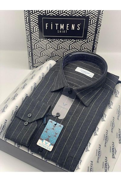 Fitmens Black Men's Shirt - Long Sleeve, Striped Neck, Bottom Button, Gift Boxed Fs- 003363