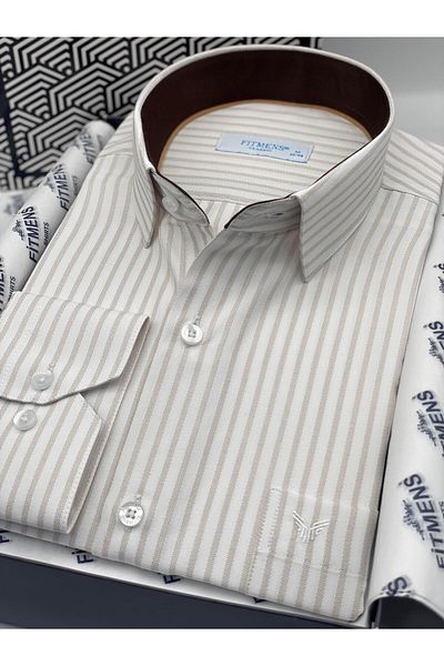 Fitmens Men's Shirt - Classic Long Sleeve, Stripe, Gift Box - White Beige Fs- 003864