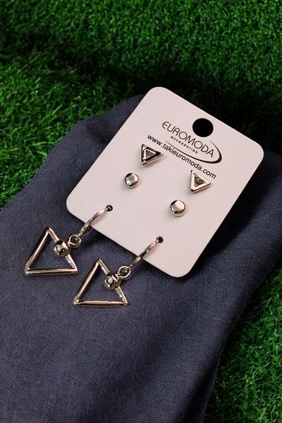 EUROMODA Triangle Design Silver Color Coated 3-Piece Earring Set with Ball Earrings