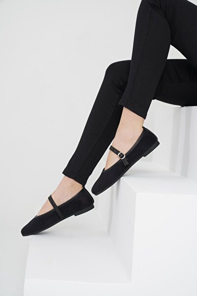 Beyond Women's Black Suede Daily Buckle Low Heeled Comfortable Ballerinas Byndmrj01