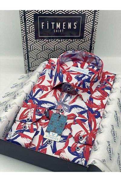 Fitmens Slim Fit Long Sleeve Digital Printed Red Blue Shirt Fs- 003233   - Red