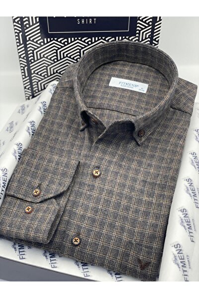 Fitmens Classic Long Sleeve Winter Plaid Collar Buttoned 100% Cotton Gift Boxed Men's Shirt Fs-003767 - Brown