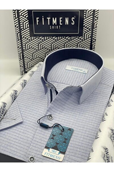 Fitmens Klasik Kısa Kol Keten Cotton Kareli Pamuk Hediye Kutulu Erkek Gömlek FS-003009 - Mavi