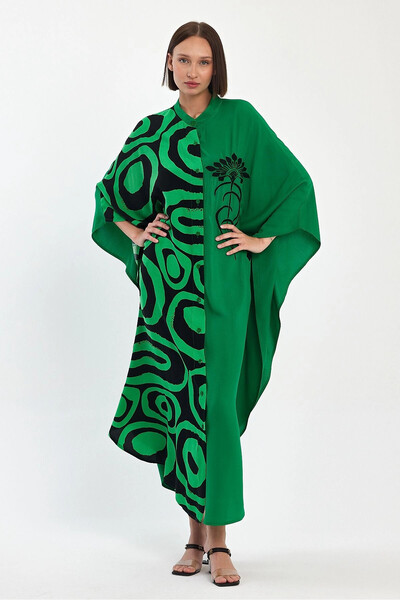 Denismoda Vp1033 Hakim Collar Print, Embroidery Dty Plus Size Shirt Dress Green