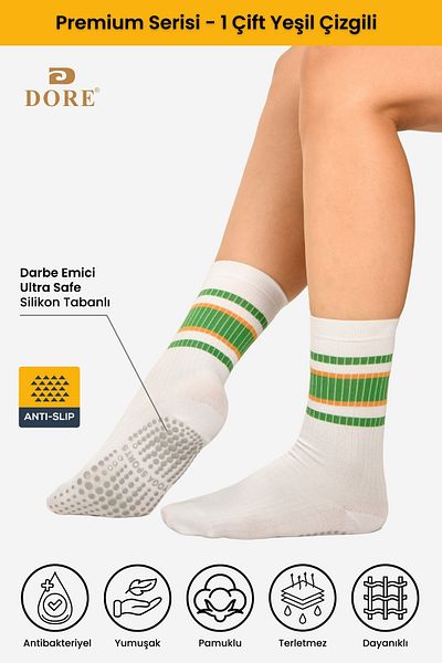 Dore Green White Anti-Slip Sole Socks for Pilates and Yoga - Pack of 1