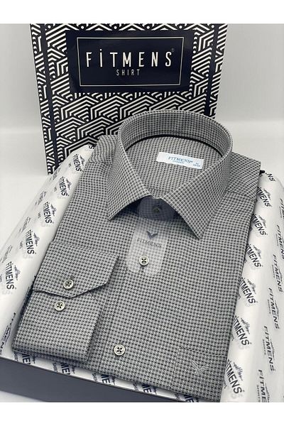 Fitmens Classic Long Sleeve Square Dobby Patterned Men's Shirt with Gift Box Fs- 002151   - Black and White