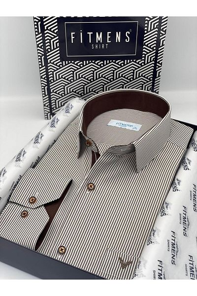 Fitmens Classic Long Sleeve Thin Striped Men's Shirt with Pockets Gift Box Fs- 003317   - White Coffee