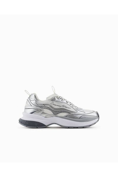 Emporio Armani Women's Thick Sole Stripe Patterned Sneaker Silver Xr388-00520
