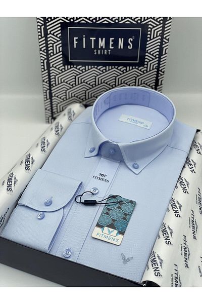Fitmens Classic Long Sleeve Lapel Button Oxford Men's Shirt with Gift Box Fs- 003571   - Light Blue