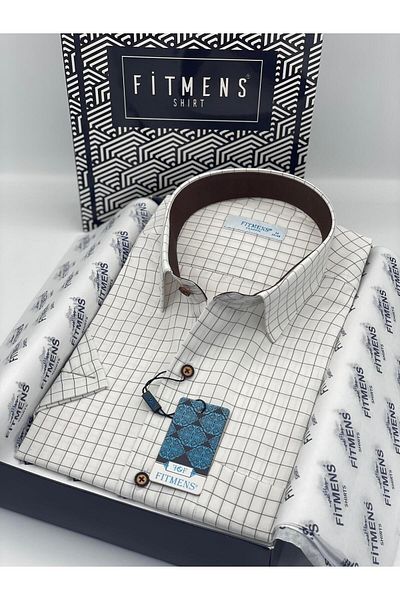 Fitmens Men's Shirt Fs- 003623   - Short Sleeve, Checked Design, White Coffee, with Gift Box