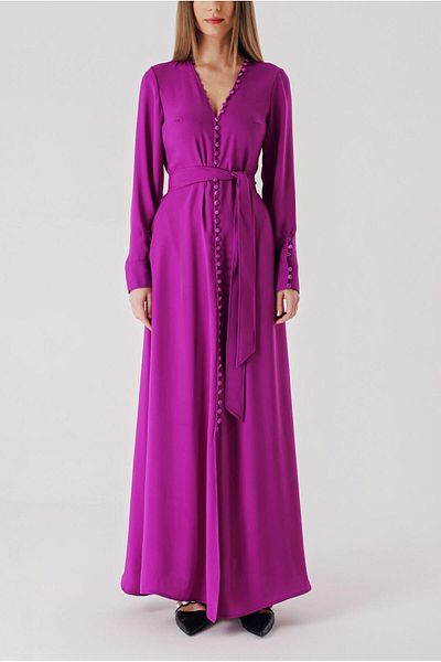 SOCIETA Purple Button Detailed Long Belt Dress 94407