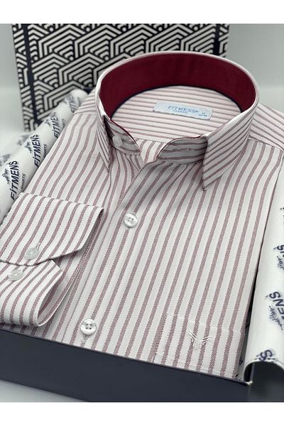 Fitmens Classic Long Sleeve Striped Gift Boxed Men's Shirt Fs- 003864   - White Burgundy