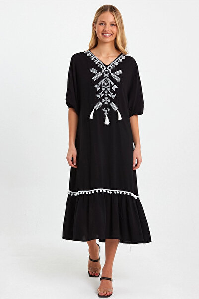 Cotton Mood Vp8165 Embroidery Detailed Tasseled Balloon Sleeve Dress Black