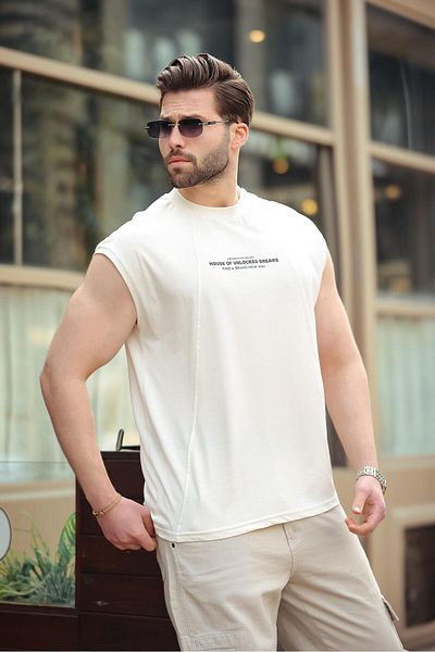 Madmext Ecru Crew Neck Printed Men's T-Shirt E7123