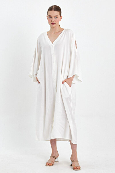 Denismoda VP8183 Κέντημα Dty Φόρεμα πουκάμισο με ανοιχτό ώμο σε τυπικό μέγεθος ΛΕΥΚΟ