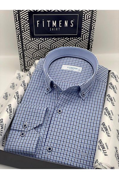 Fitmens Classic Long Sleeve Collar Buttoned Petti Checkered Men's Gift Boxed Shirt Fs- 003774   - Blue