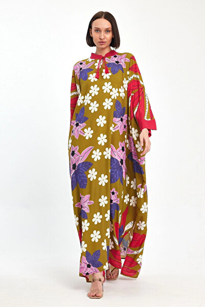 Denismoda Vp1069 Hakim Collar Floral Patterned Plus Size Dress Mustard