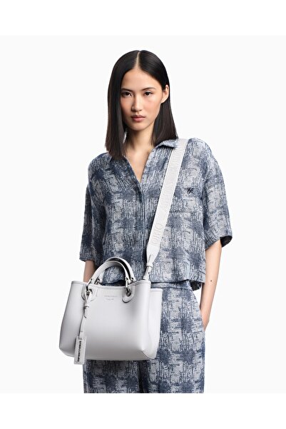Emporio Armani Women's Magnetic Buckle Silk Print Logo Removable Shoulder Strap External Zipper Interior Section Gray