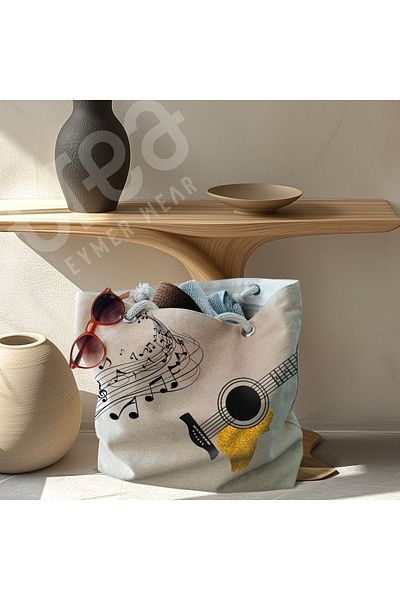 Crea Eymer Wear Βαμβακερή γυναικεία τσάντα παραλίας - μοτίβο κιθάρας με χρυσό γκλίτερ