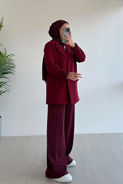 Ka Hijab Double Button Lined Blazer Jacket - Claret Red