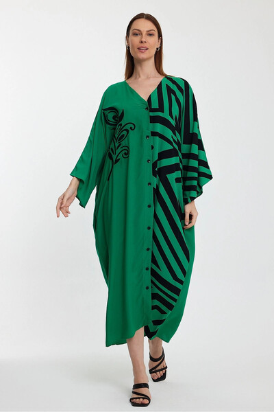 Denismoda Vp1016 Authentic Patterned Large Size Shirt Dress Green