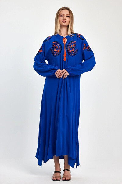 Denismoda VP927 Αυθεντικό φόρεμα με μακρύ μανίκι από βισκόζη με λεπτομέρεια κεντήματος ΜΠΛΕ