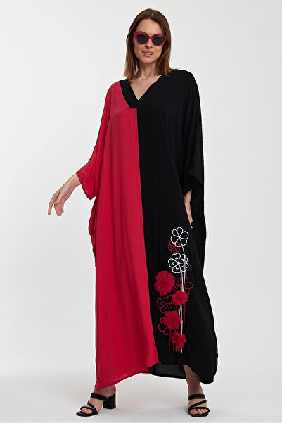 Denismoda Vp958 V-Neck Embroidery Detailed Plus Size Dress Pink