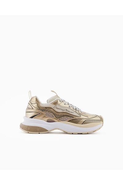 Emporio Armani Women's Thick Sole Stripe Line Patterned Colorful Lacing Gold Sneaker X3X238 Xr388-00194