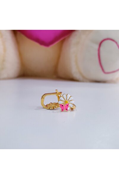 MAGRİB 22 ayar altın kaplama klipsli mineli papatyalı ve pembe kelebekli gümüş çocuk küpesi