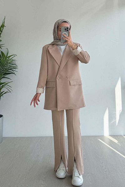 Ka Hijab Μπεζ μονάδα με επένδυση Blazer Jacket - Διπλό Κουμπί