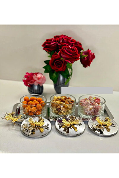 EVRA 3 Lü Tepsili Gümüş Renk Kapaklı Sunumluk Drajelik Şekerlik