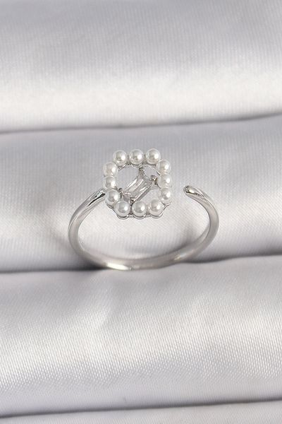 Skygo Brass Silver Color Zircon Stone Detailed Adjustable Ring with Pearls - Tj-Byk3542
