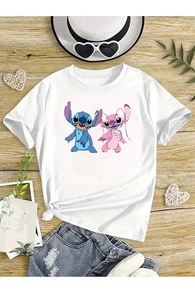 New Shine Tricou supradimensionat pentru copii cu imprimeu ANGEL AND STITCH