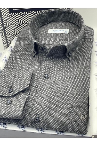Fitmens Classic Long Sleeve Winter Collar Buttoned Wool 100% Cotton Gift Boxed Men's Shirt Fs- 003768   - Anthracite