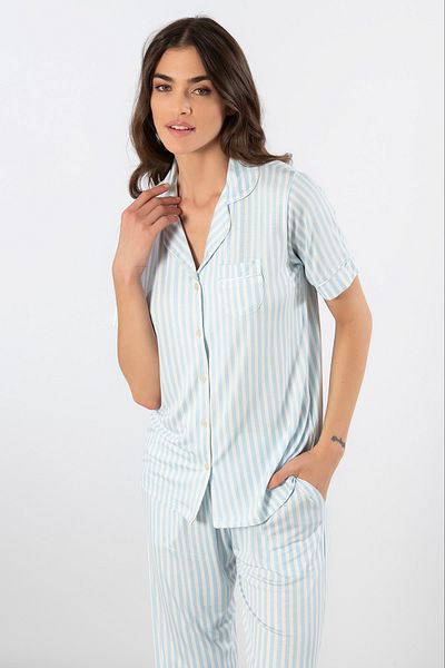 TÜREN 3355 Set de pijamale pentru femei cu mânecă scurtă, cu guler de cămașă