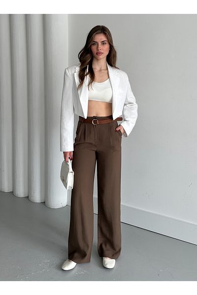 Laluvia Braune, doppelt plissierte Hose mit Gürtel – 3780