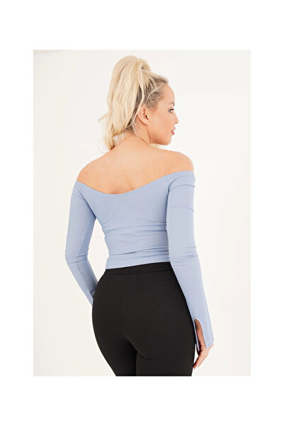 Cotton Mood 23254221 Ribbed Knit Madonna Ankle Slit Uz. Sleeve Blouse Blue