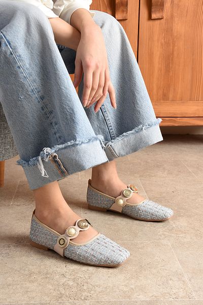 topukludünyası Colorful Tweed Fabric Blunt Toe Women's Ballerina Shoes