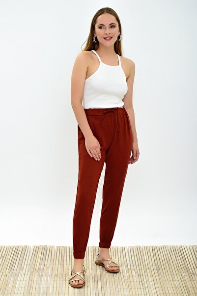 Cotton Mood 9312972 Linen Pocketed Lace-Up Trousers Tile