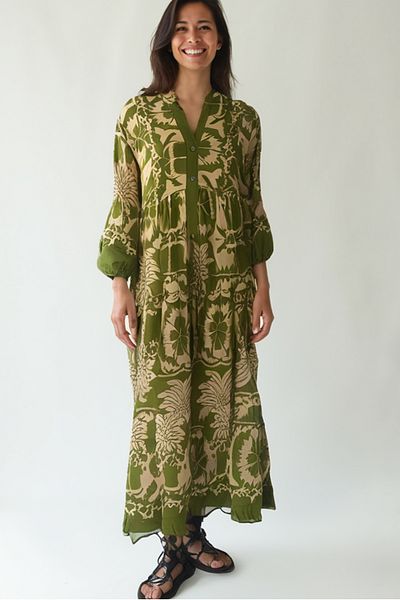 AYASOFYA OTANTIK Women's Green Button Detailed Placket Neckline Ethnic Print Balloon Sleeve Loose Long Dress
