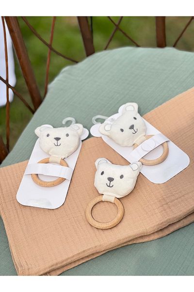 BETSY STUDIO Wooden Teether & Plush Teddy Bear Rattle Fiber Filled
