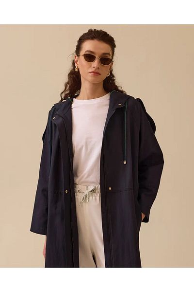 SEÇİL Magazine-Length Long Trench Coat with Hooded Button, Navy Color, 42-Size