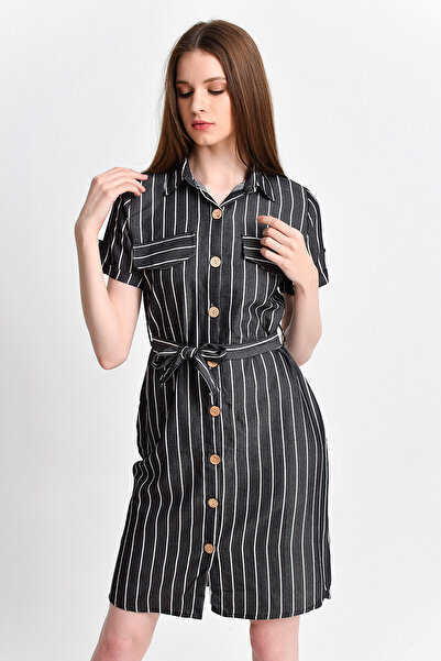 Cotton Mood 9201572 Bodrum Kms.Shirt Collar Short Sleeve Dress Black Striped